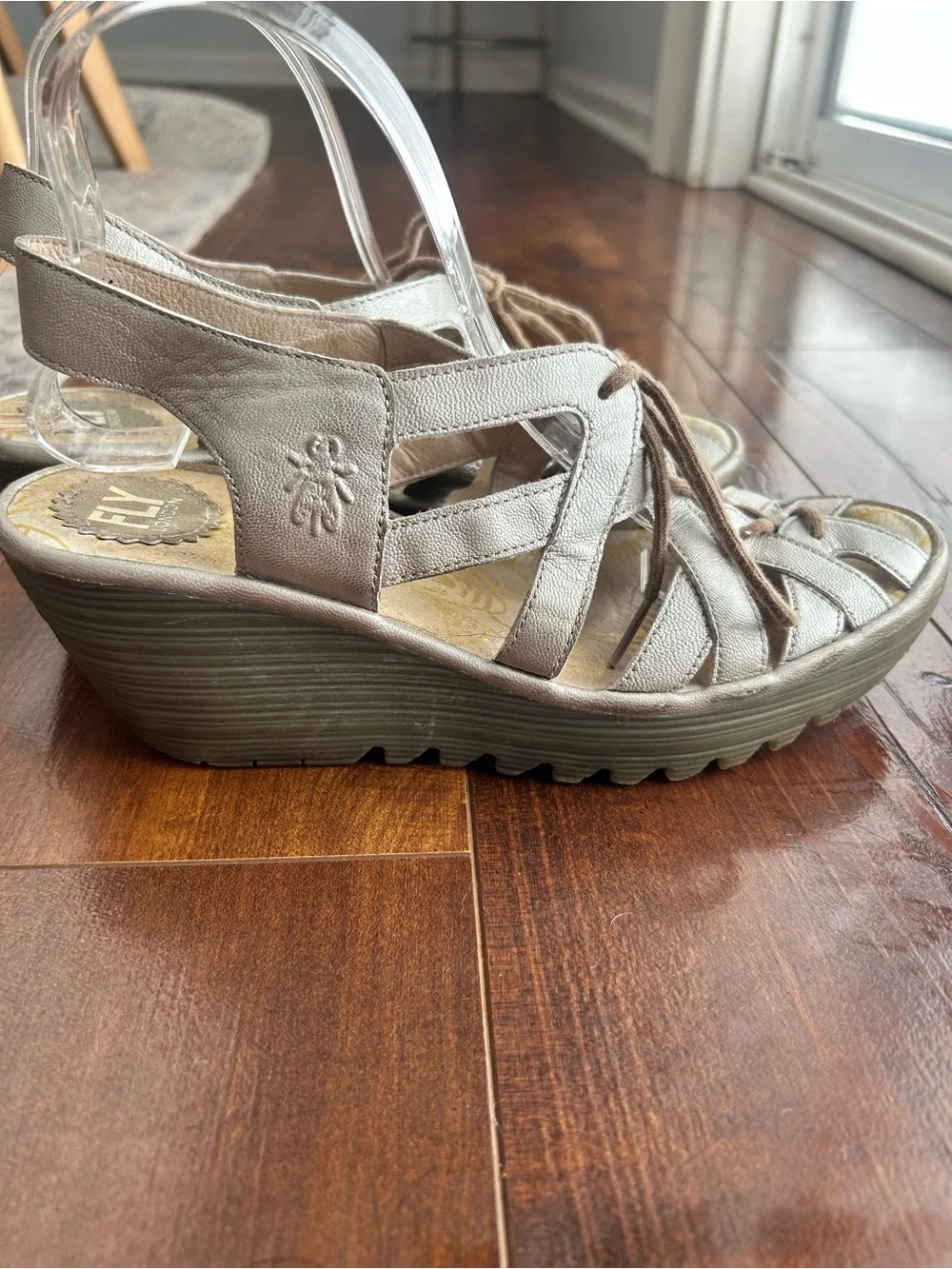 FLY London Women's Yapi Silver Leather Lace-Up Sandals
